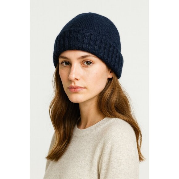100% Cashmere Beanie Hat Navy Blue Soft Rib Knit Winter Warm Unisex Madein Nepal - Picture 6 of 6